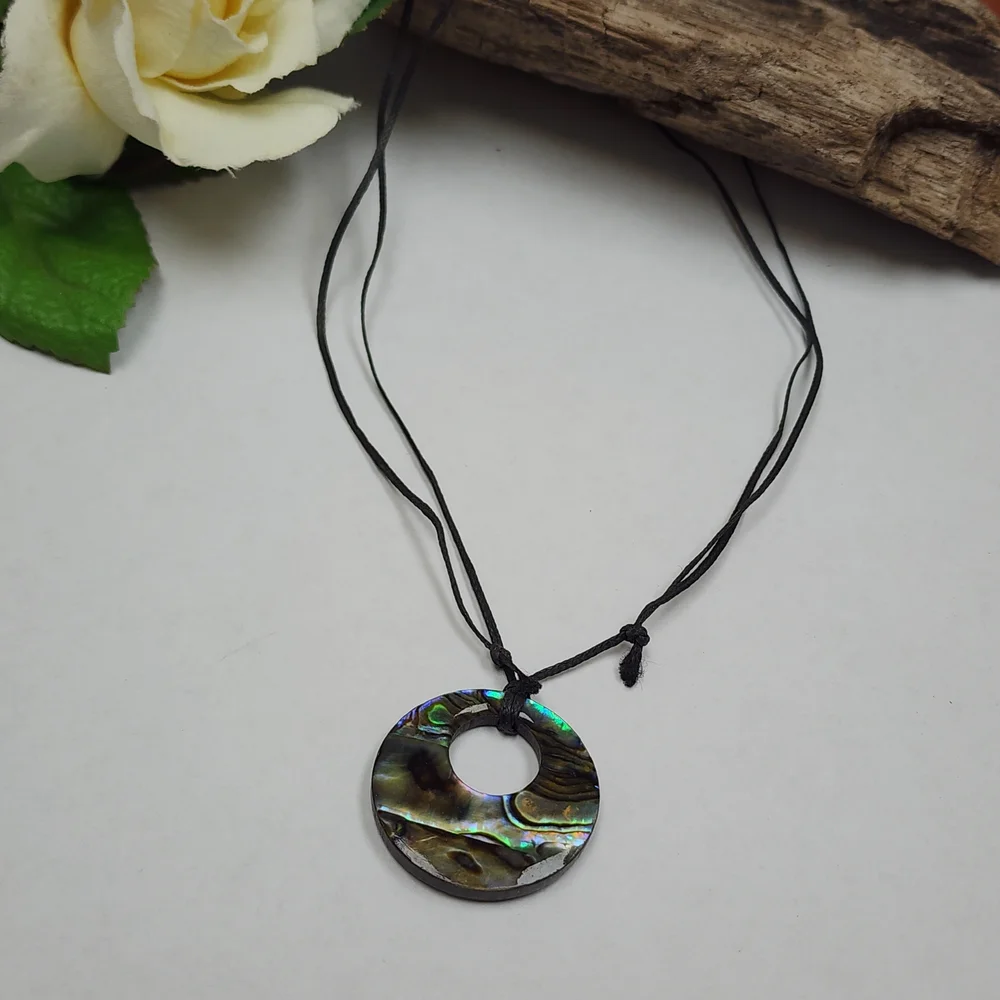 Iridescent Abalone Shell Like Wood Pendant Cord Necklace